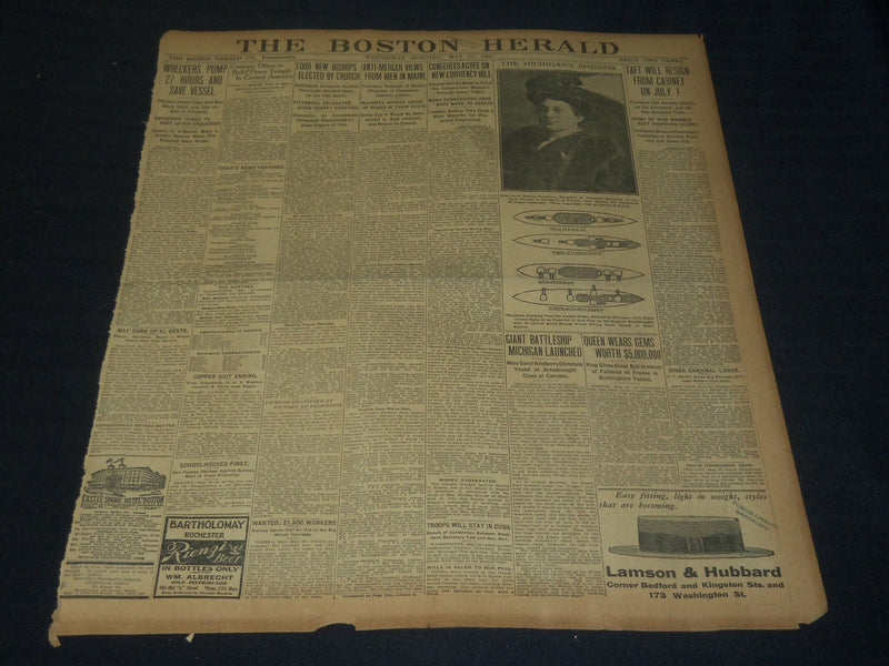 1908 MAY 27 THE BOSTON HERALD - GIANT BATTLESHIP MICHIGAN LAUNCHED - BH 75