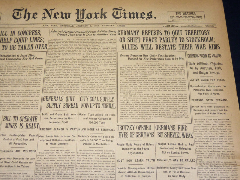 1918 JANUARY 5 NEW YORK TIMES - GERMANY REFUSES TO QUIT TERRITORY - NT 7914