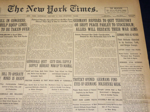 1918 JANUARY 5 NEW YORK TIMES - GERMANY REFUSES TO QUIT TERRITORY - NT 7914