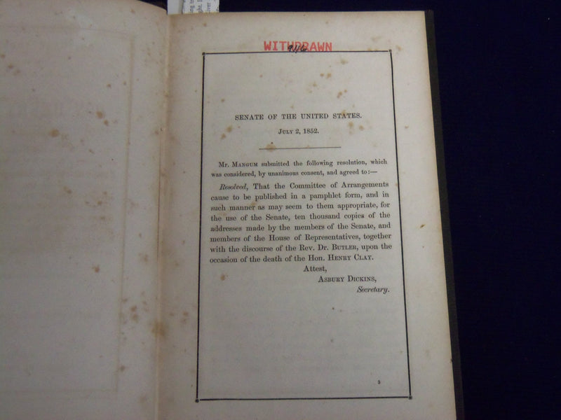 1852 HON. HENRY CLAY OBITUARY ADDRESSES HARDCOVER BOOK - KD 3867F