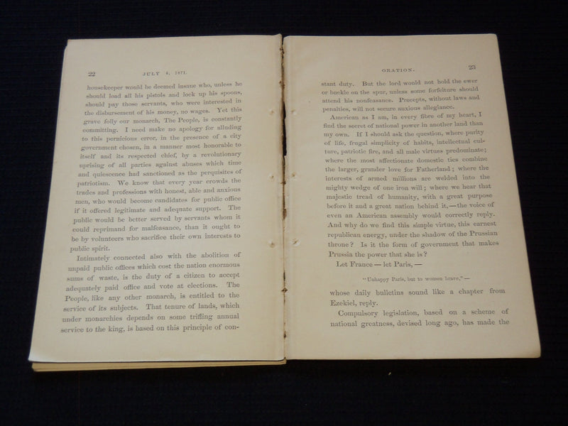 1871 CITY AUTHORITIES OF BOSTON ORATION BY HORAGE BINNEY SARGENT - J 7548