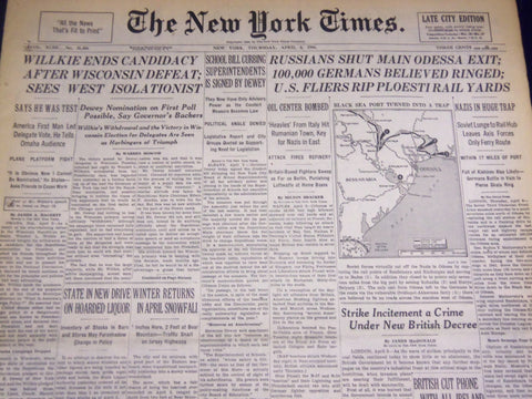 1944 APRIL 6 NEW YORK TIMES - WILLKIE ENDS CANDIDACY - NT 3705