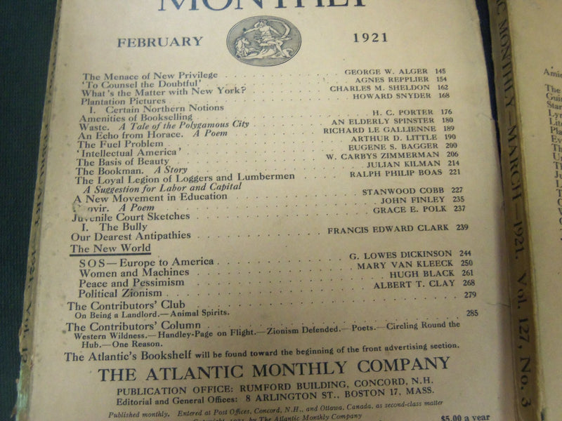 1921 THE ATLANTIC MONTHLY MAGAZINE LOT 9 ISSUES - GREAT COLOR ADS - WR 341D