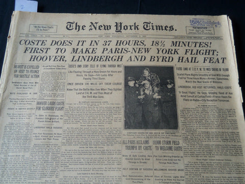 1930 SEPTEMBER 3 NEW YORK TIMES NEWSPAPER - COSTE DOES IT IN 37 HOURS - NT 7224