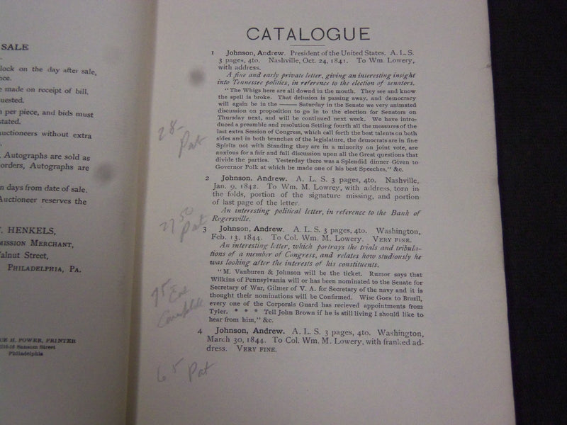 1920 AUTOGRPAH LETTERS OF HISTORICAL INTEREST AUCTION CATALOGUE - J 5210