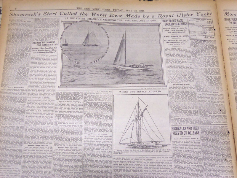 1920 JULY 16 NEW YORK TIMES - RESOLUTE DISABLED, SHAMROCK WON RACE - NT 5368