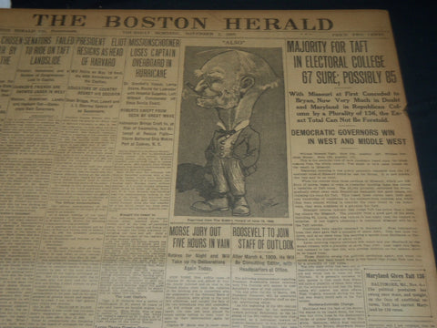1908 NOVEMBER 5 THE BOSTON HERALD - MAJORITY FOR TAFT - ELIOT RESIGNS - BH 242