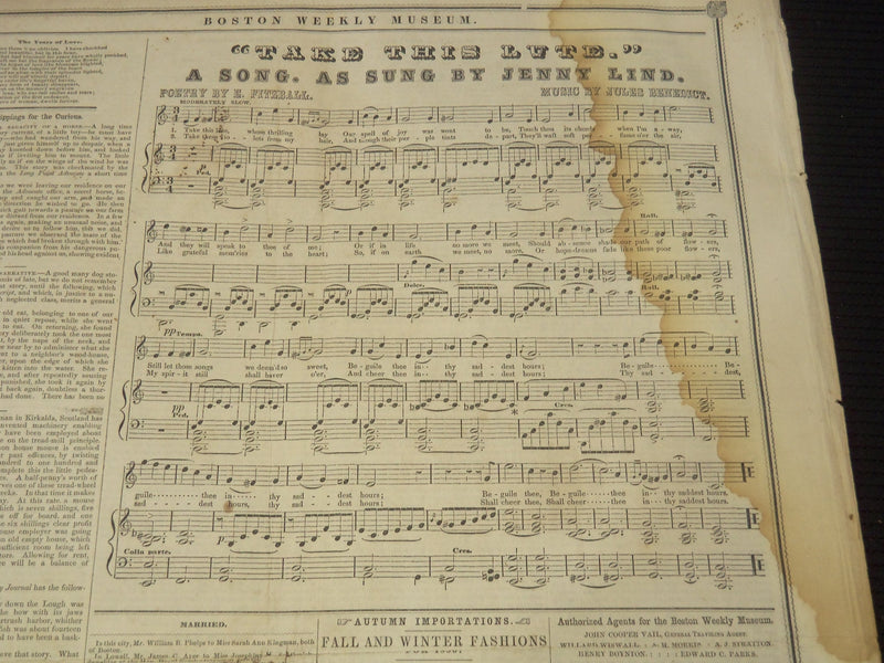 1850 NOVEMBER 30 BOSTON MUSEUM NEWSPAPER -BARNUM'S MANSION - JENNY LIND- NP 9041