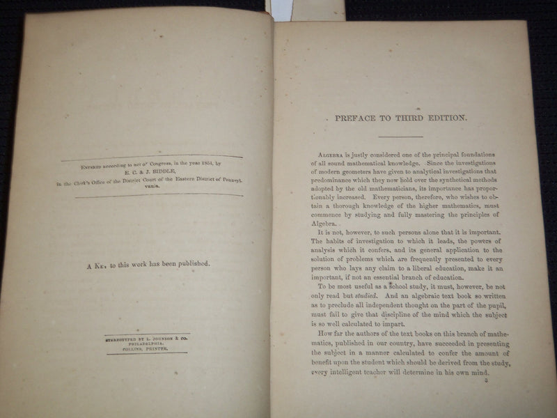 1854 A TREATISE OF ALGEBRA BOOK BY SAMUEL ALSOP - THIRD EDITION - J 8120