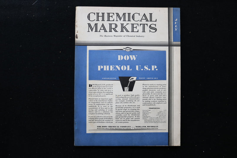 1933 JULY CHEMICAL MARKETS MAGAZINE - DOW PHENOL U.S.P. COVER - SP 6258S