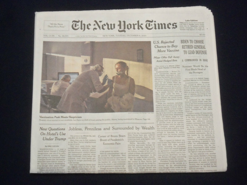 2020 DECEMBER 8 NEW YORK TIMES - BIDEN TO CHOOSE RETIRED GENERAL TO LEAD DEFENSE