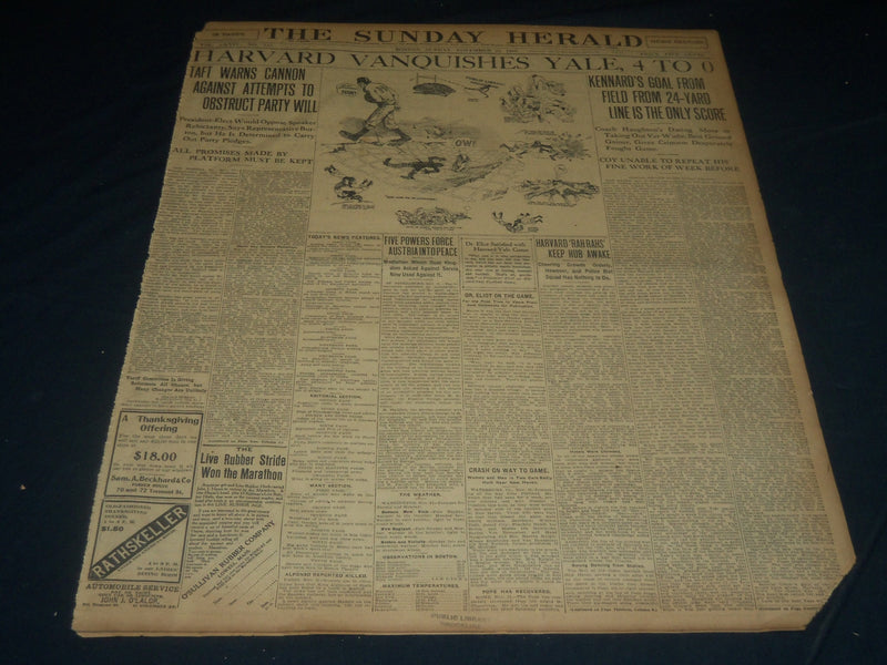 1908 NOVEMBER 22 THE BOSTON HERALD - HARVARD VANQUISHES YALE 4-0 - BH 218