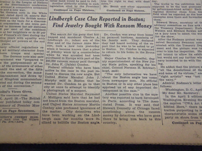 1934 APRIL 19 NEW YORK TIMES - LINDBERGH CLUE REPORTED IN BOOTON - NT 4217