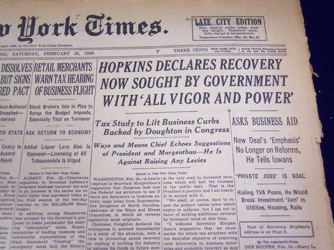 1939 FEB 25 NEW YORK TIMES - HOPKINS DECLARES RECOVERY SOUGHT BY GOV. - NT 593