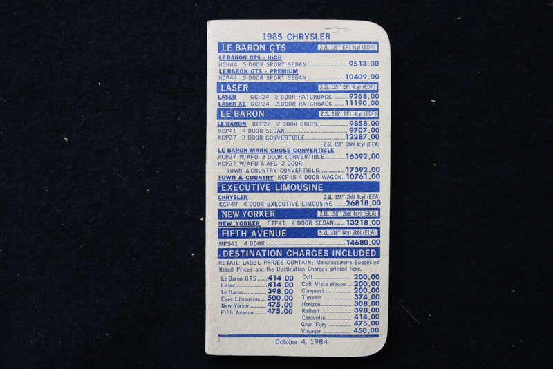 1985 CHRYSLER-PLYMOUTH SPECIFICATION GUIDE - SOFTCOVER BOOK - K 3534