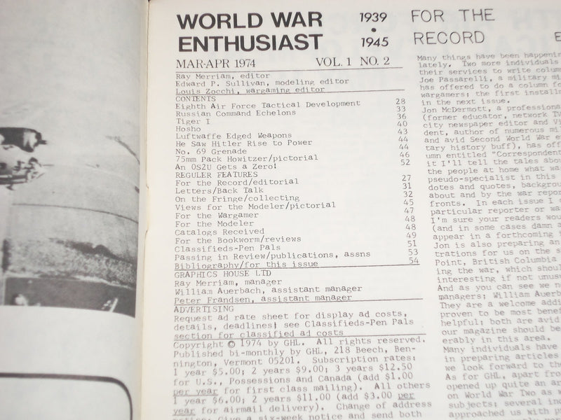 1974 WORLD WAR ENTHUSIAST MAGAZINE LOT OF 4 - VOLUME 1 ISSUES - PHOTOS - J 1664
