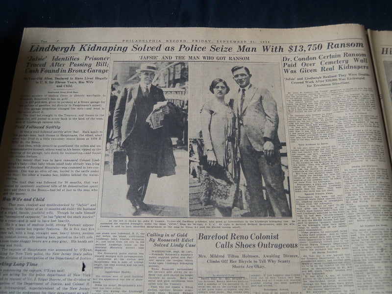 1934 SEPT 21 PHIADELPHIA RECORD NEWSPAPER - LINDY KIDNAPING SOLVED - NT 7260
