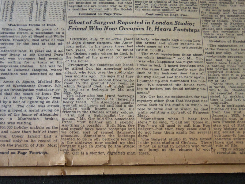 1927 JUL 18 NEW YORK TIMES - GHOST OF SARGENT REPORTED LONDON STUDIO - NT 6358