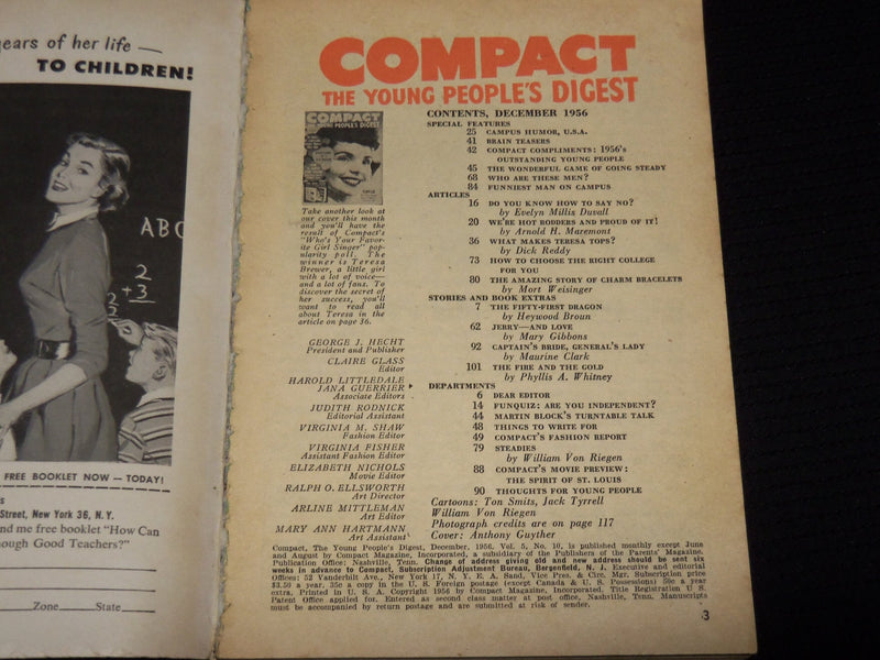 1956 DECEMBER COMPACT YOUNG PEOPLE'S DIGEST MAGAZINE - TERESA BREWER - SP 4862I