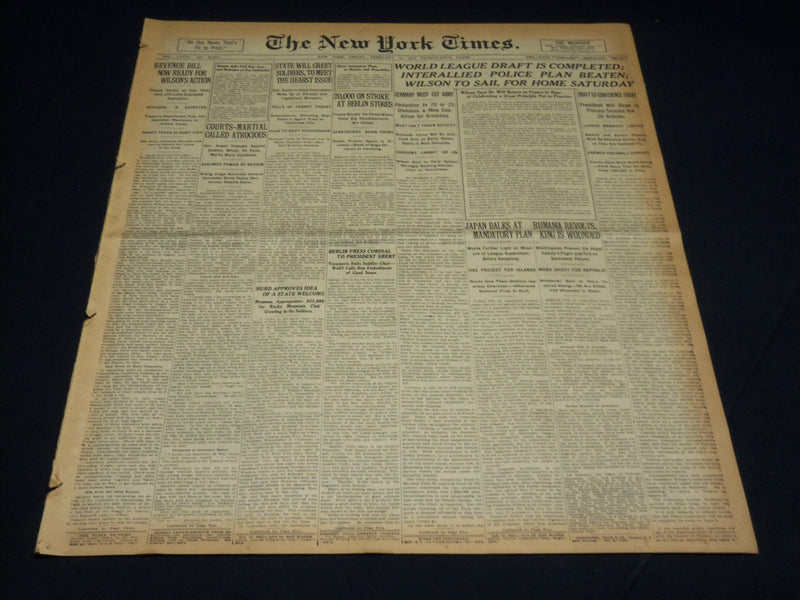1919 FEBRUARY 14 NEW YORK TIMES - WORLD LEAGUE DRAFT IS COMPLETED - NT 7965