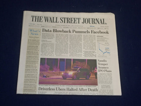 2018 MARCH 20 WALL STREET JOURNAL NEWSPAPER - DATA BLOWBACK PUMMELS FACEBOOK