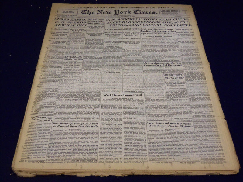 1946 DEC 15 NEW YORK TIMES - U. N. ACCEPTS ROCKEFELLER SITE 46 TO 7 - NT 2630