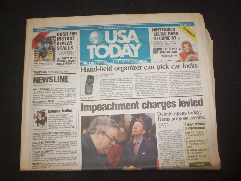 1998 DECEMBER 10 USA TODAY NEWSPAPER - IMPEACHMENT CHARGES LEVIED - NP 7974
