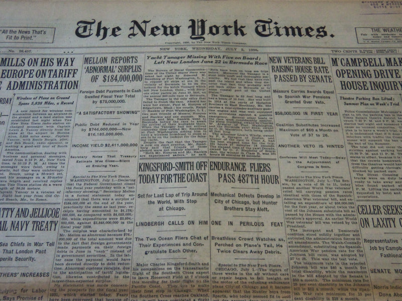 1930 JULY 2 NEW YORK TIMES - KINGFORD SMITH OFF TODAY FOR THE COAST - NT 5632
