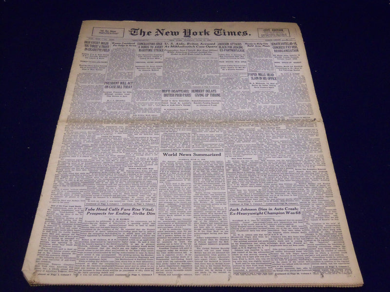 1946 JUNE 11 NEW YORK TIMES - JACK JOHNSON DIES IN AUTO CRASH - NT 2248