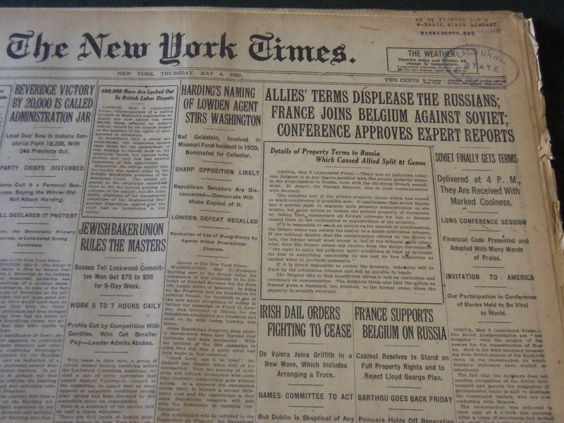 1922 MAY 4 NEW YORK TIMES - ALLIES TERMS DISPLEASE THE RUSSIANS - NT 5799