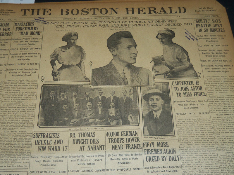 1911 SEPTEMBER 9 THE BOSTON HERALD - DR. THOMAS DWIGHT DIES AT NAHANT - BH 309