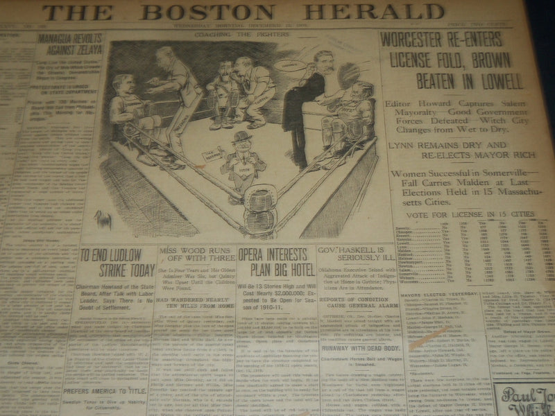 1909 DECEMBER 15 THE BOSTON HERALD - WORCESTER RE-ENTERS LICENSE FOLD - BH 315