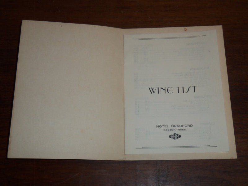 1930'S CIRCUS ROOM WINE LIST - HOTEL BRADFORD - BOSTON - K 1175