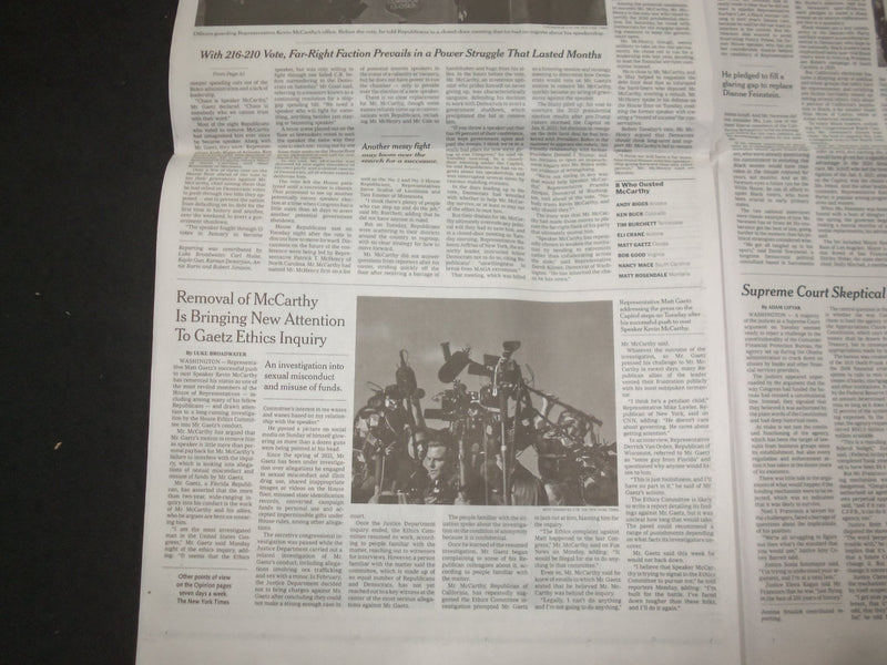 2023 OCTOBER 4 NEW YORK TIMES - MCCARTHY FIRST TO BE REMOVED AS SPEAKER