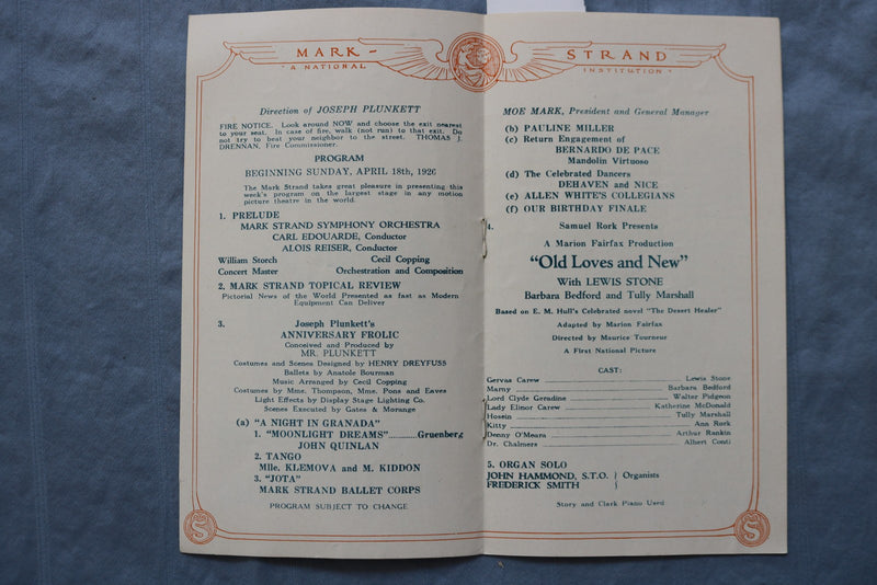 1926 APRIL 18 OLD LOVES AND NEW - LEWIS STONE- STRAND THEATRE PROGRAM - K 2738