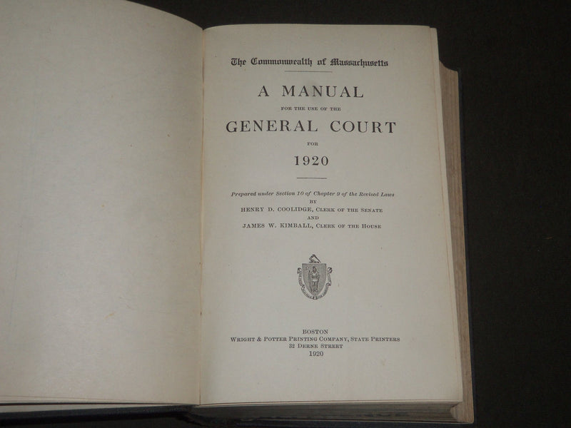 1920 MANUEL FOR THE GENERAL COURT MASSACHUSETTS BOOK - KD 4001
