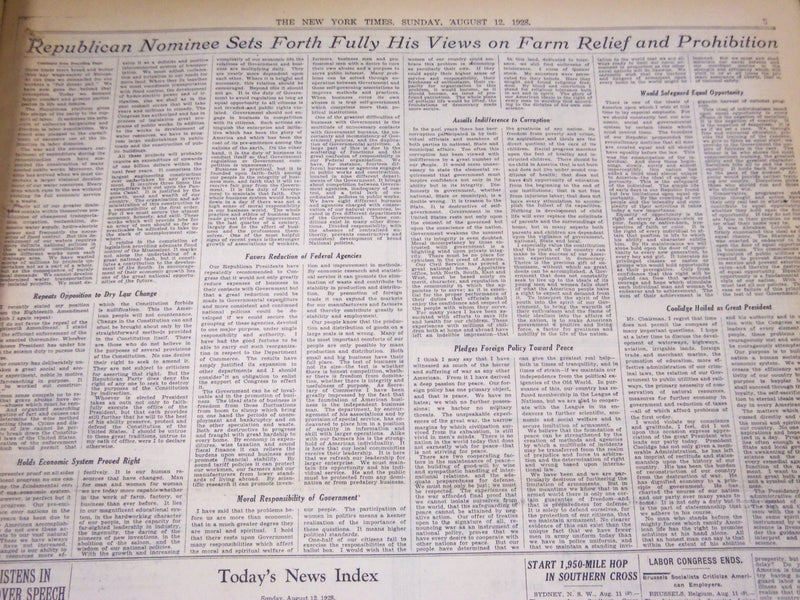1928 AUGUST 12 NEW YORK TIMES - HOOVER FORMALLY NOTIFIED, VOICES ISSUES- NT 5087