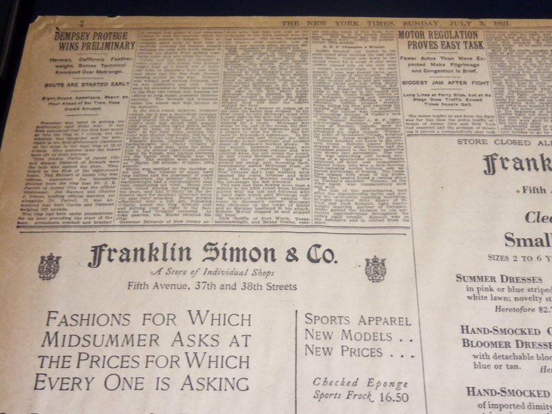 1921 JULY 3 NEW YORK TIMES - DEMPSEY KNOCKS OUT CARPENTIER IN 4TH ROUND- NT 8694