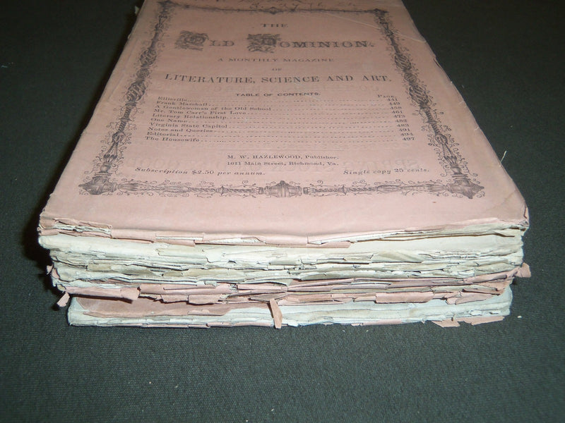 1871-1873 THE OLD DOMINION LITERATURE SCIENCE & ART MAGAZINE LOT OF 8 - WR 139