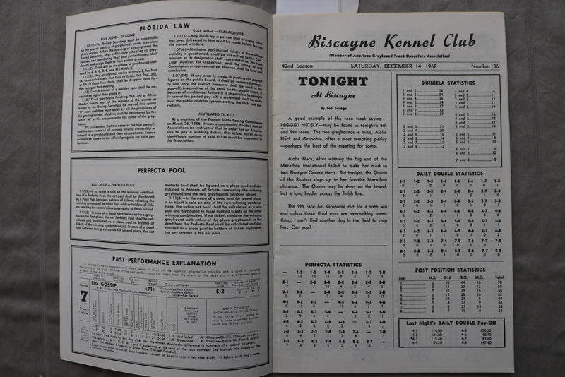 1968 BISCAYNE DOG TRACK DOG RACING PROGRAM - K 3455