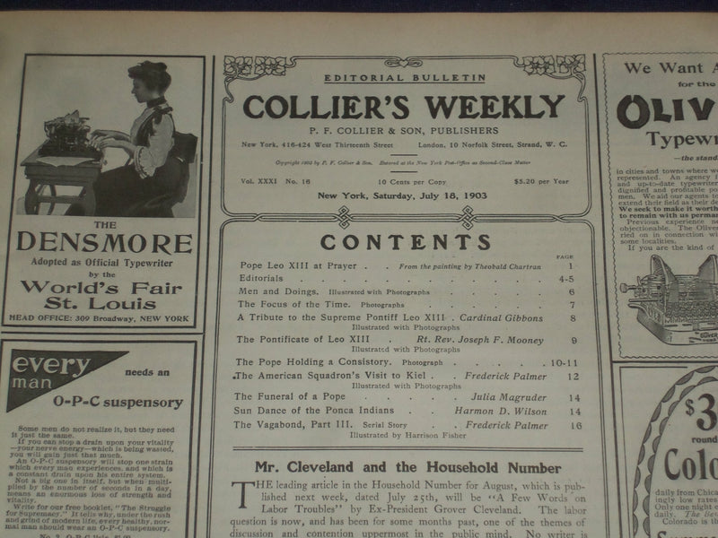 1903 JULY 18 COLLIER'S MAGAZINE - POPE LEO XIII AT PRAYER - ST 6673