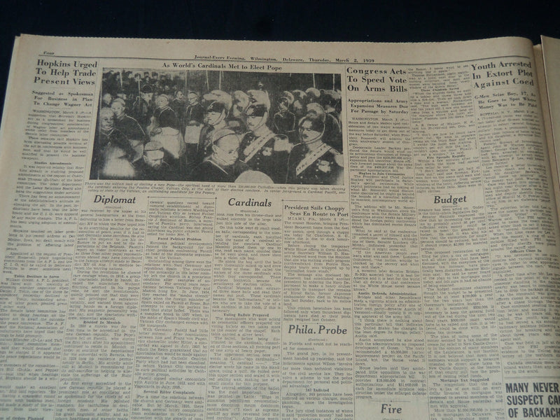 1939 MARCH 2 WILMINGTON JOURNAL NEWSPAPER- CARDINALS ELECT POPE PACELLI- NT 7227