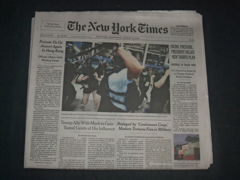 2019 AUGUST 14 NEW YORK TIMES - FACING PRESSURE, TRUMP DELAYS NEW TARIFF PLAN