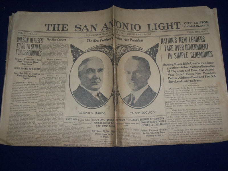 1921 MARCH 4 SAN ANTONIO SUNDAY LIGHT NEWSPAPER - HARDING & COOLIDGE - NP 972D