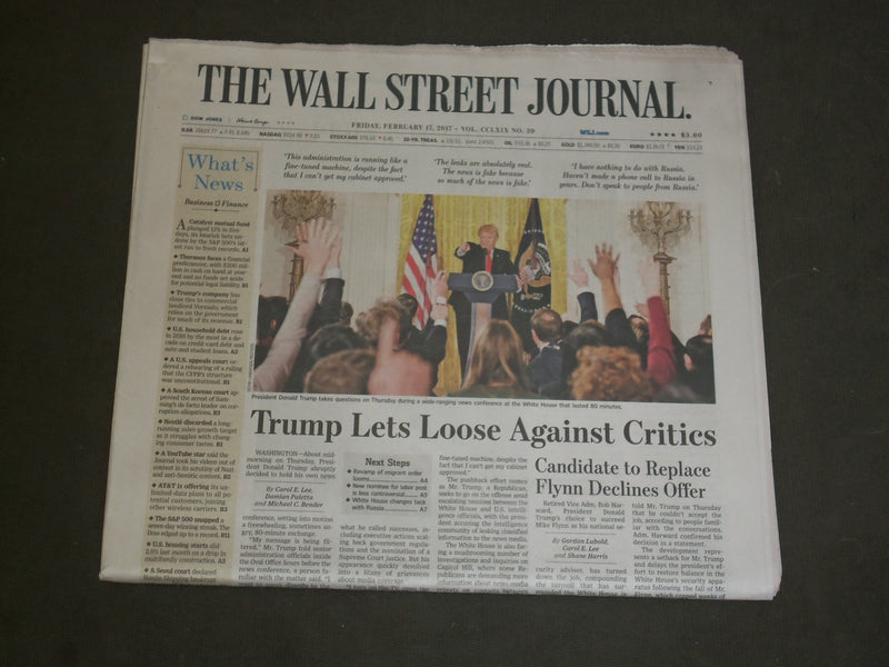 2017 FEBRUARY 17 WALL STREET JOURNAL NEWSPAPER- TRUMP LETS LOOSE AGAINST CRITICS