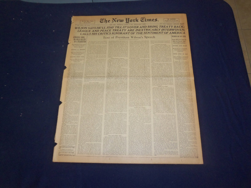 1919 MARCH 5 NEW YORK TIMES - WILSON SAYS HE'LL STAY TILL IT'S OVER - NT 9266