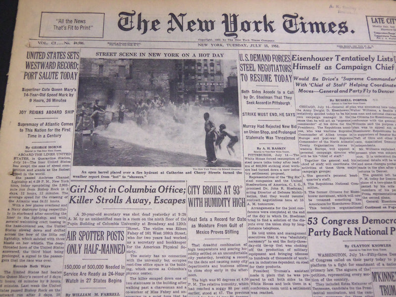 1952 JULY 15 NEW YORK TIMES - GIRL SHOT IN COLUMBIA OFFICE - NT 4554