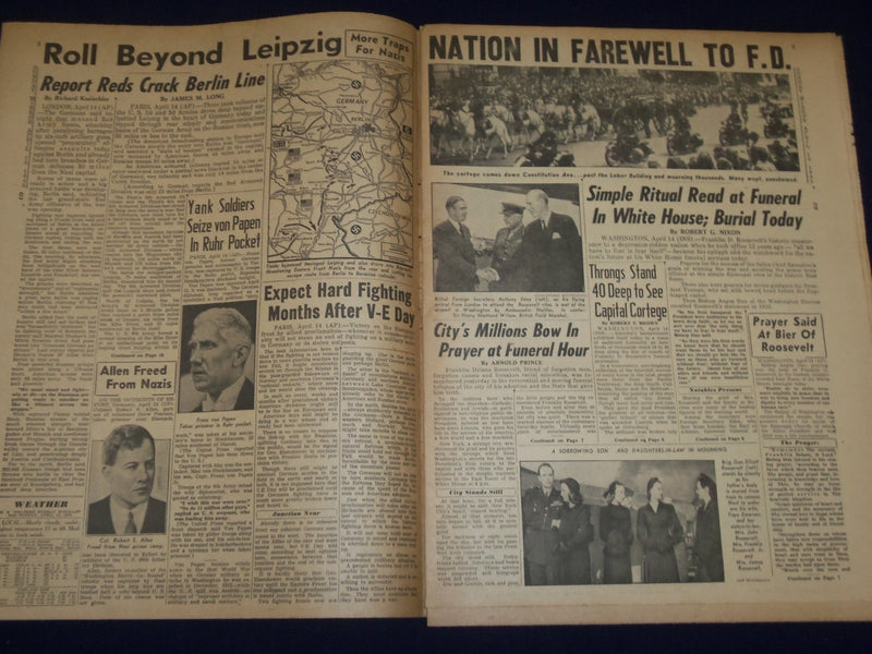 1945 APRIL 15 NEW YORK SUNDAY MIRROR - EULOGIZE F. D. IN SIMPLE RITES - NP 1799