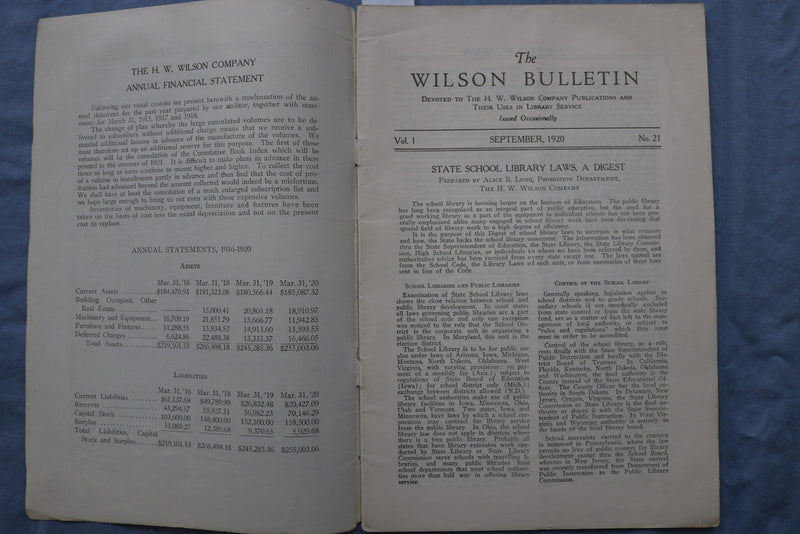 1917-1920 THE WILSON BULLETIN - THE SCHOOL LIBRARY NUMBER - LOT OF 4 - K 2966
