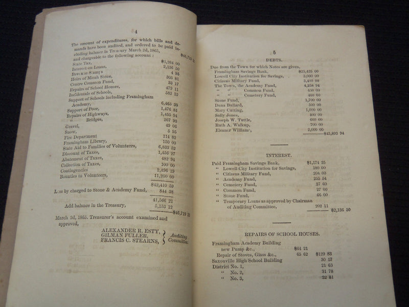 1864-1865 FRAMINGHAM ANNUAL REPORT OF THE FINANCIAL AFFAIRS - J 7264
